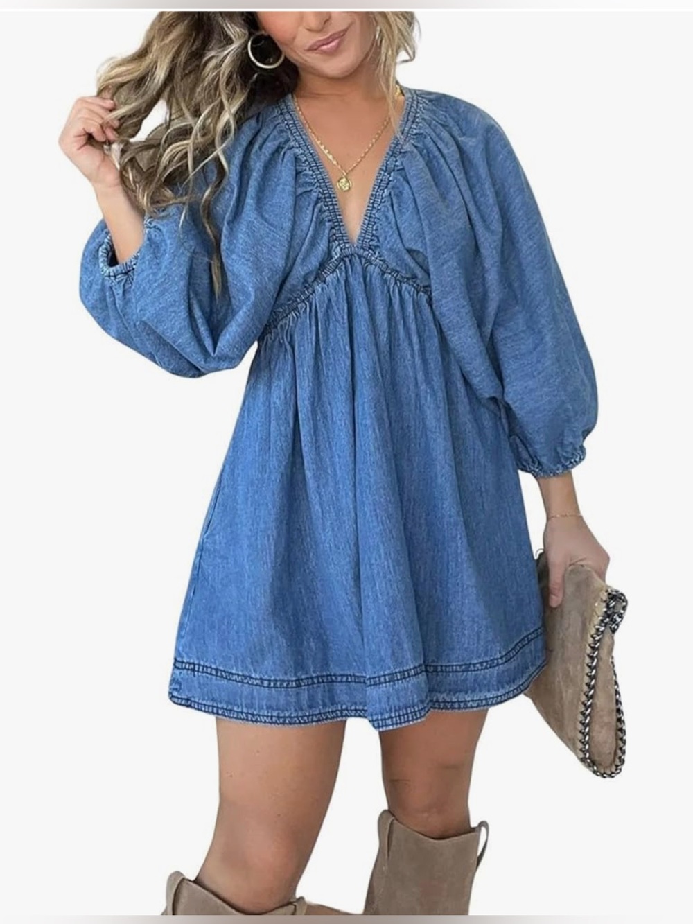 Denim Blue V-Neck Babydoll Dress - Women